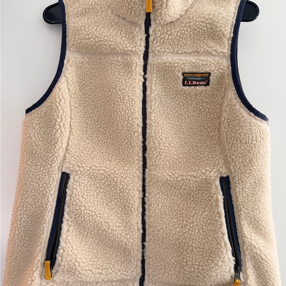 L.L. Bean Beige Sherpa Vest with Navy Accents